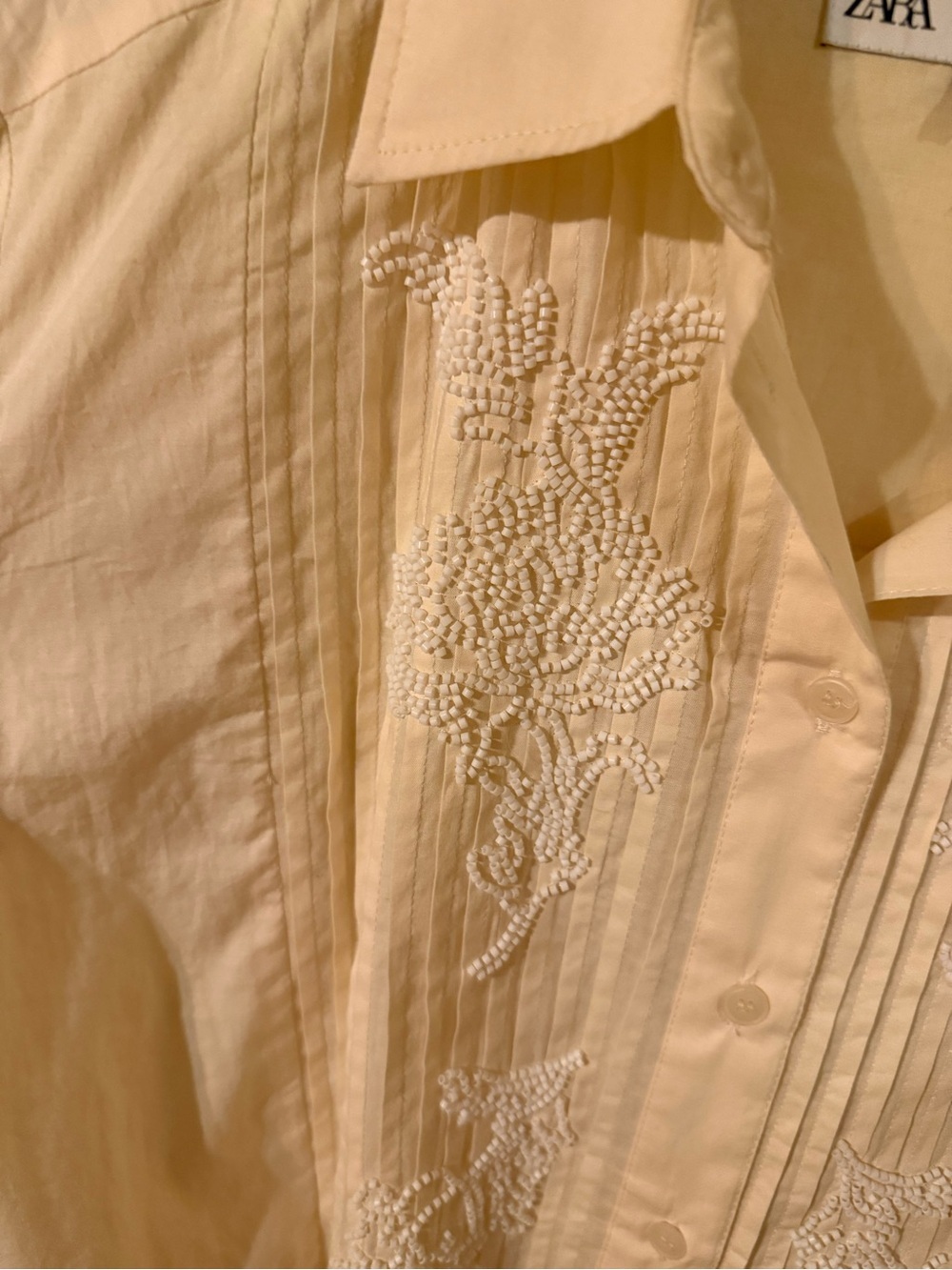 Zara Cream Pintuck Shirt with Floral Embroidery - Picture 2 of 4